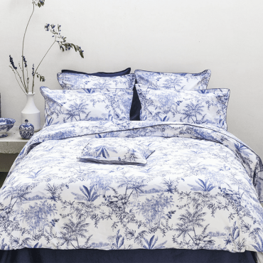 Taie d'oreiller en satin motifs jacquards bleu et gris