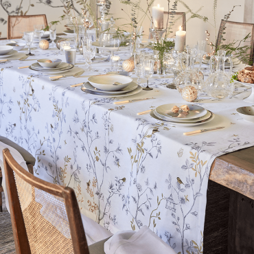 Embroidered linen tablecloth, Mésanges